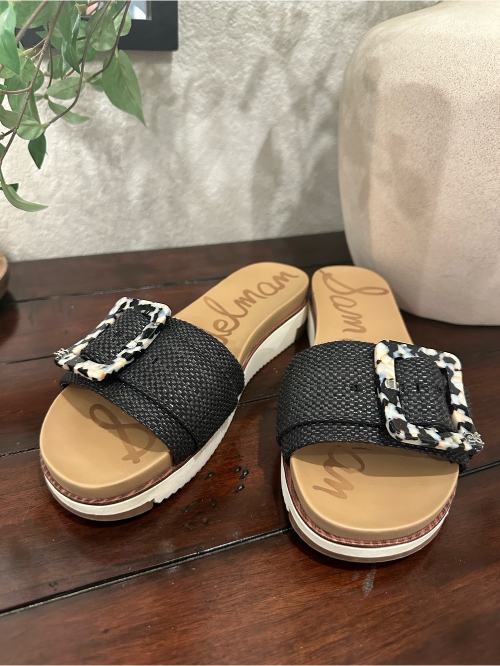Sam Edelman Black Slide Sandals with Patterned Buckle